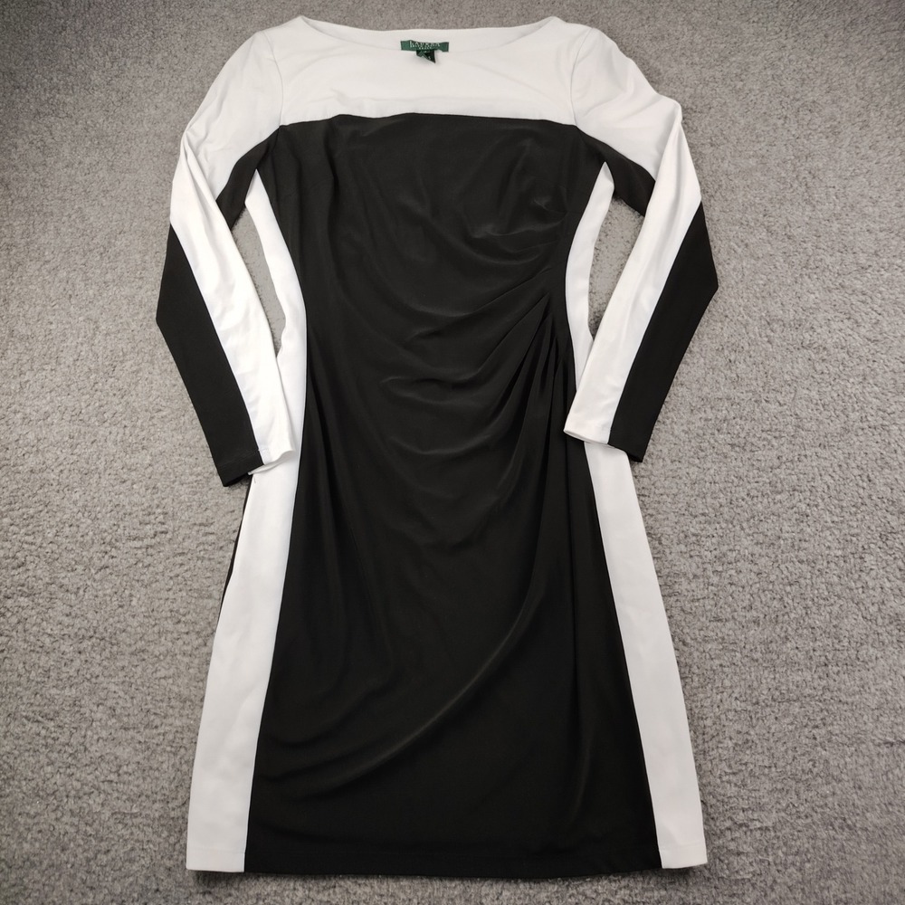 Lauren Ralph Lauren Dress Sz 10 Sheath Black White Ruched EUC
